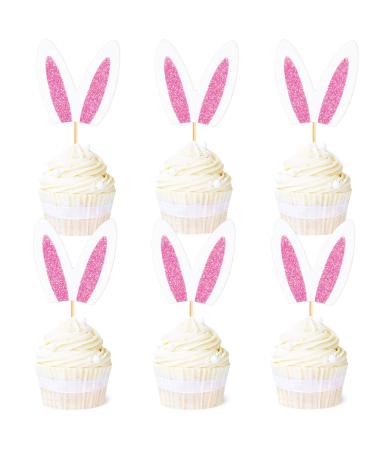 Ercadio 24 Pack Easter Bunny Pink Ears Cupcake Toppers Pink White Bunny Ears Cupcake Picks Easter Rabbit Ears Cupcake Toppers for Easter Day Theme Baby Shower Birthday Party Decor Supplies Pink-3