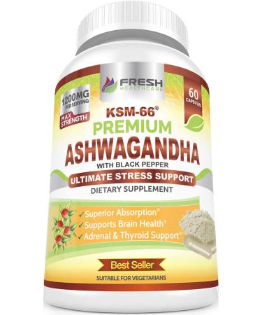 Ashwagandha KSM-66 1200mg Supplement with Black Pepper for High Absorption - Vegan - 60 Capsules - Buy Online on GoSupps.com