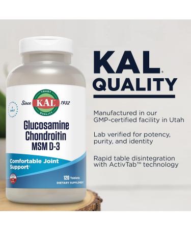 KAL Glucosamine Chondroitin MSM D-3 Joint Support Supplement 1 500 mg of Glucosamine Sulfate 1 200 mg of Chondroitin Sulfate 1 000 mg of MSM Plus Vitamin D3 & Vitamin C 40 Servings 120 Tablets - Buy Online on GoSupps.com