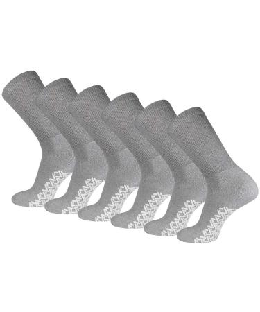 Men's Women Diabetic Loose Top Therapeutic Anti Slip Non Skid Gripper Soft Cotton Full Cushioned Crew Socks Grey - 6 Pair 9-11