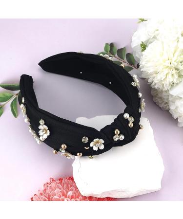 PLwelth Pearl Knotted Headband for Women Girl Pearl Rhinestone Hairband Cute Flower Knotted Headband Jeweled Embellished Hairband Elegant Wide Top Knot Non Slip Headband Fashion Party Hair Accessories Denim-black - Buy Online on GoSupps.com