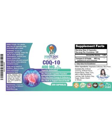 CoQ10 - Co-Enzyme Q10 400 mg - 200 Veg Caps - Non-GMO Heart & Brain Supplement - Excellent Price - 100 Day Supply by Foxxy Doc - Buy Online on GoSupps.com