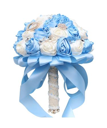 WIFELAI-A New Silk Bridal Bouquet Big Rhinestones Silk Hold Bouquet Diamond Brooch Bride Wedding Bouquet W373B-21 Baby Blue Ivory