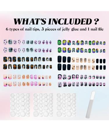 144 Pcs Halloween Press On Nails Kit - Short Square Full Cover Designs with Ghosts Skulls Bats & Pumpkins - Glossy Artificial Nail Set for Men & Women - Buy Online on GoSupps.com