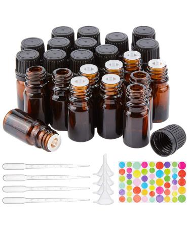 Benecreat 24 Pack 5ml amber glass bottle with refillable essential oil bottle with opening reducer 10 partly droppers 4 partly funnel and 1 sheet label
