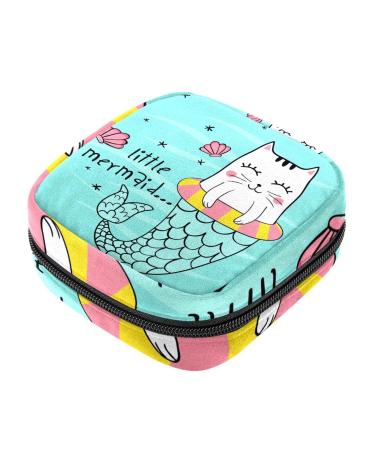 Menstruation pad bag with zipper women's napkin bag tampons collecting bags for women and girls (cute cat mermaid swimming ring mussel pattern)