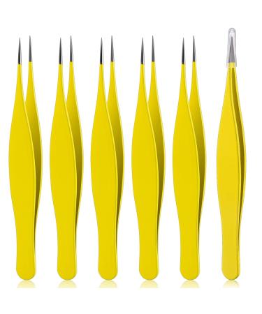 6 Pieces Pointed Tweezers Ingrown Hair Tweezers Precision Needle Point Tip Tweezers Stainless Steel Tweezers for Nose Facial Hair Eyebrow Blackhead Remover (Yellow)