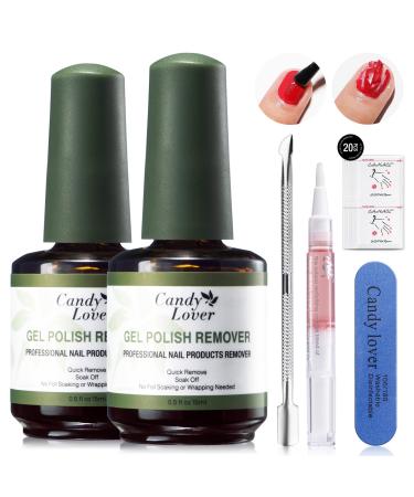 Candy Lover Gel Nail Polish Remover Kit - 2 Pack Professional Gel Polish Remover for Nails with Cuticle Pusher & Cuticle Oil and Nail File Gel Remover for Nails in 3-5 Minutes Doesn't Hurt Nails 2pcs Gel Nail Polish Remover
