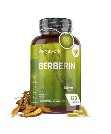 Berberine capsules 500mg - 95% Berber HCL - 4 months stock - 120 vegan capsules - from the Berberis vulgaris plant - natural nutritional supplement without magnesium stearate - by Weightworld