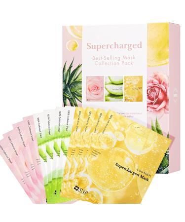 SNP Supercharged Face Mask Set | Variety Sheet of 4-Collagen 4-Aloe 4-Rose Face Mask Sheet | Facial Mask for Hydrating and Moisturizing | Collagen Face Mask | Korean Skincare Gift Set | 12 Sheets