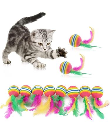 Meiso 10 pieces of cat toys balls with feather rainbow cat balls toys interactive kitten toys colorful balls for interior kitten chewing training hunting