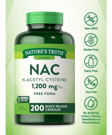 Nature's Truth NAC Supplement 1200mg - 200 Capsules | N-Acetyl Cysteine Free Form Amino Acid | Non-GMO & Gluten Free - Buy Online on GoSupps.com