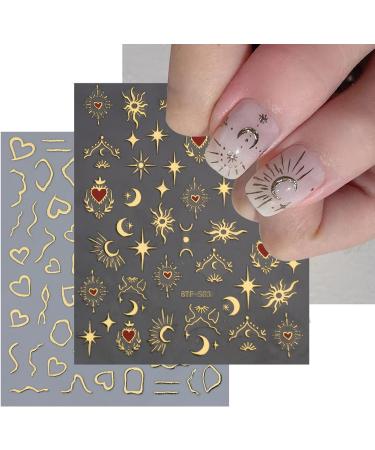 Gold Metallic Nail Art Stickers - 8 Sheets 3D Self-Adhesive Decals for DIY Manicure and Acrylic Nails - Stars, Moon, Butterfly, Heart Design - Buy Online on GoSupps.com
