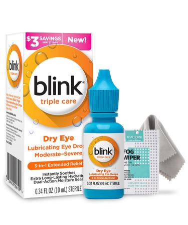 Blink Triple Care Lubricating Eye Drops Moderate-Severe, Blink Eye Drops for Dry Eyes 10 ml, Bundled with 1 Reusable Anti-Fog Cloth for Eyeglasses, by Maxim Eye