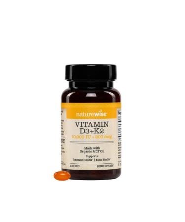 NatureWise Vegan Vitamin D3 + K2 in Organic Coconut MCT Oil - Natural D3 10000IU + Natural K2 200mcg - High Absorption Bone Support - Non-GMO - USA Manufactured - 30 Softgels 30-Day Supply Unflavored 30 Count (Pack of 1)