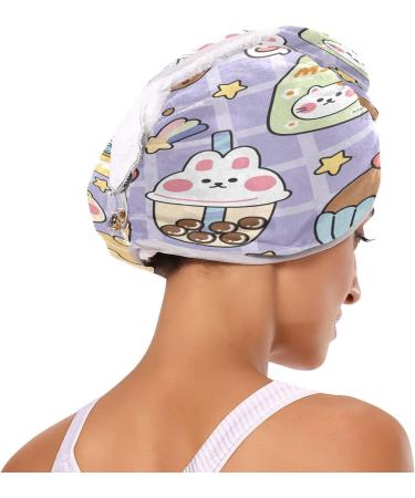 Cute Sticker Cartoon Dry Hair Cap | 2-Piece Quick Drying Towel Set with Button Headband | Super Absorbent & Soft Comfort for Everyday Use - International Shipping Available - Buy Online on GoSupps.com