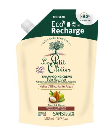 LE PETIT OLIVIER - Eco-Refill Shampoo Cream Nutrition Care - Olive, Shea & Argan Oils - Nourishes & Repairs - Dry & Damaged Hair - Silicone-Free, Sulfate-Free - Made in France - 500ml
