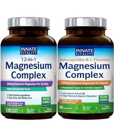 Innate Vitality Magnesium Complex Bundle 12-in-1 Magnesium (500mg Elemental) + Magnesium with Ashwagandha L-Theanine Vitamin D3 & B6 Full Spectrum Support for Sleep Stress Nerves Heart & Bones
