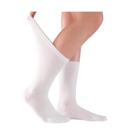 ELYFER Soft Bamboo Diabetic Crew Socks for Women Loose Fit Wide Non-Binding Seamless Toe Thin Dress Socks 4-8-12-24 Pairs 5-8.5 White (4 Pack)