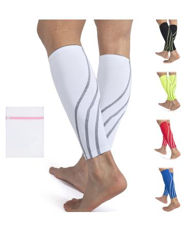 360 RELIEF Compression Calf Sleeves - for Men and Women Sports | Shin Splints Torn Muscle Cramps Workout Circulation Running Hiking Marathon | M L XL with Mesh Laundry Bag | White L-Single