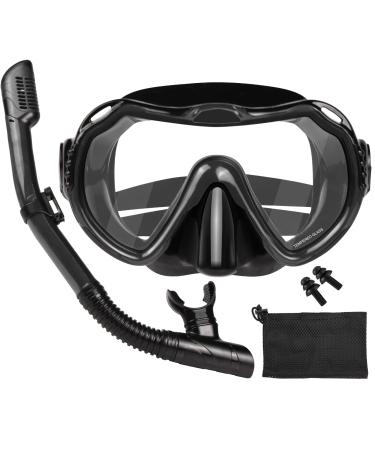 PIYAZI Snorkeling Gear for Adults, Panoramic View Mask and Dry Top Snorkel Set Adult, Anti-Fog Tempered Glass Oceanic Snorkel Mask Set with Travel Bag Ear Plug for Snorkeling Scuba Diving Men Women Black