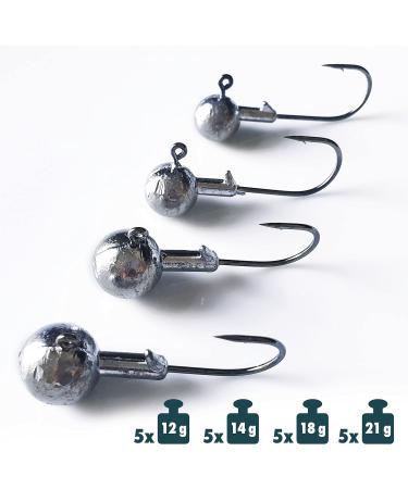 Elbfang Jig Head Set 3/0 | 12g 14g 18g 21g | 20 Jig Hooks | Perfect for Pike & Perch | Premium Rubber Bait Fishing Accessories - Buy Online on GoSupps.com