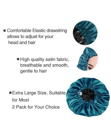 2PCS Extra Large Double Layer Satin Sleep Bonnet Cap - Dark Blue Green/Black - Buy Online on GoSupps.com