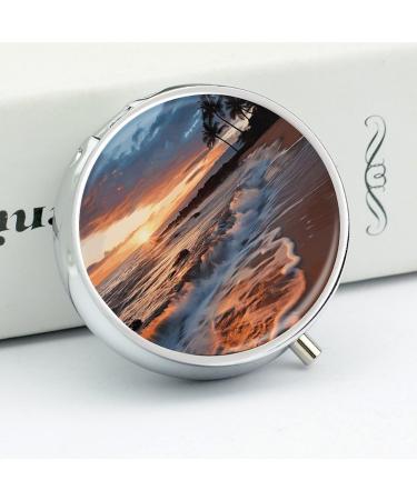 Round Pill Box - Maui Hawaii Sunset Design | 3 Compartment Metal Pill Organizer | Portable Decorative Pill Case - Buy Online on GoSupps.com