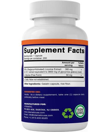 Vitamatic DGL Licorice 10:1 Extract 380mg - 200 Capsules | Supports Healthy Digestive & Respiratory Functions - Buy Online on GoSupps.com