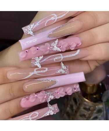 Long Pink Nails Xxl Long Press on Nails Square Pink Fake Nails With Flower and 3d Butterfly Designs Full Cover Nails for Women and Girls 24pcs light pink&nude