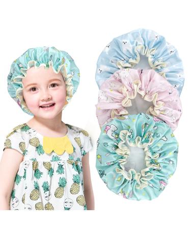 FAISOTY 3Pcs Shower Cap for Kids with Cute Shape Double Layer Waterproof Sleeping Hair Cap for Girls for Mothers Day Gifts Large Size Suits for All Kinds of Haircut