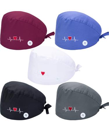 SATINIOR 5 Pieces Bouffant Cap with Buttons Unisex Sweatband Adjustable Tie Back Hat Blue gray purple