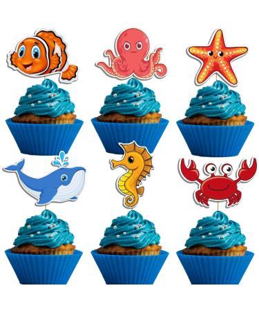 Pack of 24 Ocean Sea Animal Cupcake Toppers Package Fish Starfish Whales Octopuses Crabs Sea horses for Sea Theme Birthday Decorations Baby Shower Under the Sea Theme Party Supplies