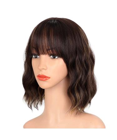 ENTRANCED STYLES Dark Brown Wigs for Women, Blonde Highlights Wig Natural Looking Short Wavy Bob Wig with bangs Medium Length Heat Resistant Synthetic Wig Daily Party Use 12” Brown Mixed Blonde
