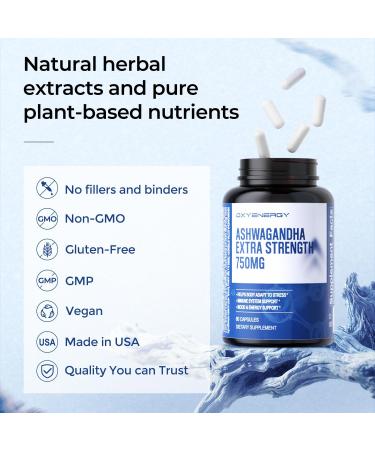 OxyEnergy Ashwagandha Capsules-750 mg Ashwagandha Extract-Stress Relief Natural Calm Mood Support & Energy Support-Vegan Non-GMO Gluten-Free-60 Counts - Buy Online on GoSupps.com