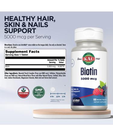 Kal 5000 Mcg Biotin Tablets Mixed Berry 100 ct - Hair, Skin & Nail Health - Buy Online on GoSupps.com