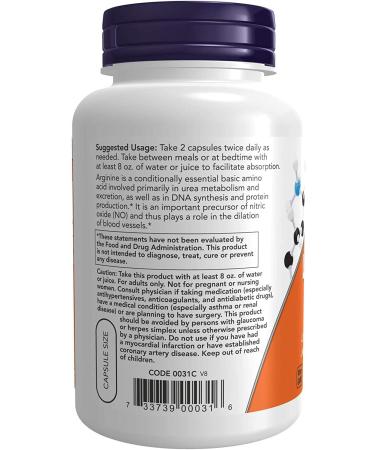 NOW L-arginine 500mg (Freeform) 250Cap 250 count - Buy Online on GoSupps.com
