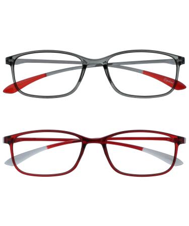 Opulize ICE reading glasses 2 Pack Ultralight frame crystal gray with red pointed pointed crystal dark red with gray pointed men RR61-7Z +1.00 +3.00 Dioptries crystal gray / crystal dark red