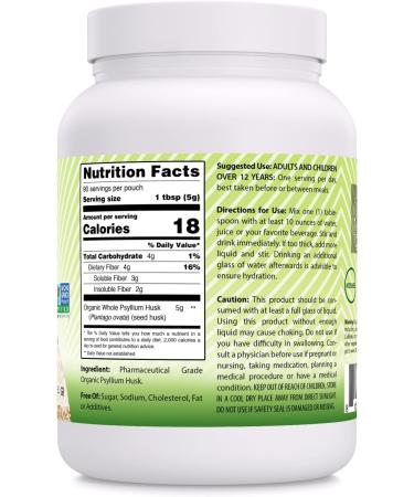 Amazing India USDA Certified Organic Whole Psyllium Husk 16 oz Powder - Non-GMO Gluten Free - High Soluble Fiber - Promotes Regularity - Buy Online on GoSupps.com