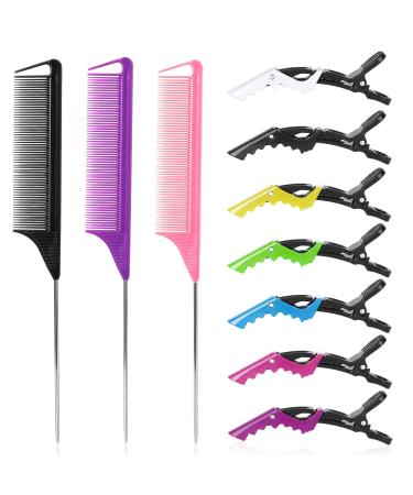 Rat Tail Combs and Hair Clips: 3Pcs Rat Tail Combs,Parting Comb for Braids, Metal Long Steel Pin Rat Tail Teasing Combs and 7Pcs Alligator Styling Sectioning Clips of Professional Hair Salon Quality 10 Piece Set