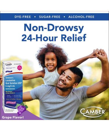 Camber Children s Allergy Medicine Dye-Free Non-Drowsy 24h Relief of Sneezing Runny Nose Itchy Watery Eyes Itchy Throat or Nose Indoor & Outdoor Allergies Grape Flavor - Buy Online on GoSupps.com