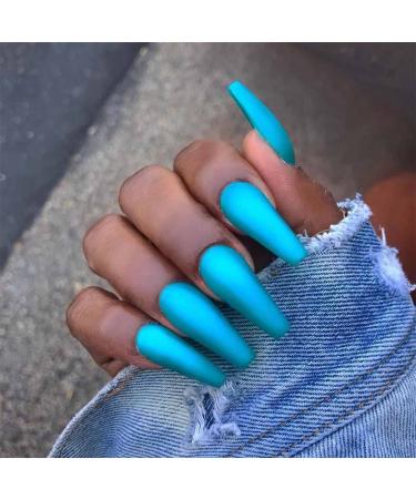 Bufenia matt pure colorful artificial nails long ballerina to press on nails coffin full cover wrong nails for women and girls 24 pieces (blue)