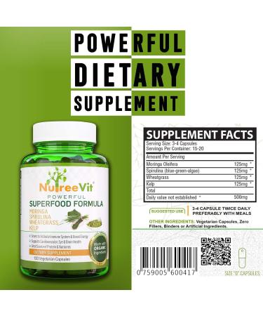 NutreeVit 100% Organic Powerful Superfood Formula - Immune System Booster Energy Pills with Moringa Spirulina Wheatgrass and Kelp - 200 Count Bottle 200 Count (Pack of 1) - Buy Online on GoSupps.com