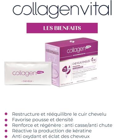 Collagen Vital - Collagen Vital Cheveux & Ongles - Biopeptides de Pur Collag ne Marin - Pr vention R paration Protection et Pr servation - Fabrication Fran aise - 15 Sachets 130g - Buy Online on GoSupps.com