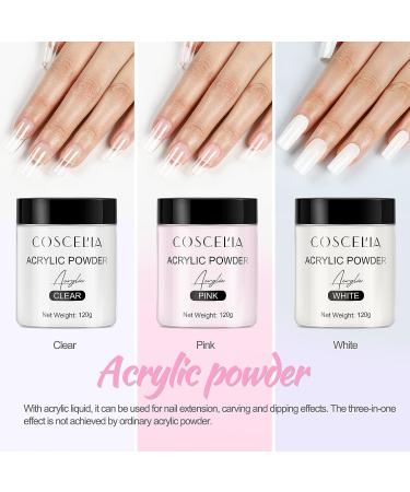 COSCELIA Acrylic Powder Set - 3 Colors 120G White Pink Clear for Nails Extension & 3D Carving - Home Salon Kit - Buy Online on GoSupps.com