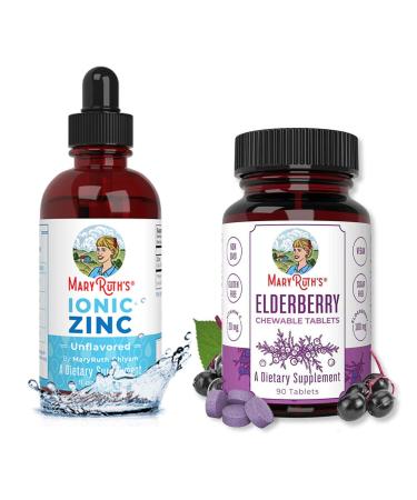 Liquid Ionic Zinc & Elderberry Tablets Immunity Bundle by MaryRuth's | Organic Glycerin + Zinc Sulfate 4oz | Elderberry + Vitamin C Chewable Tablets 90ct | Formulated for Kids & Adults