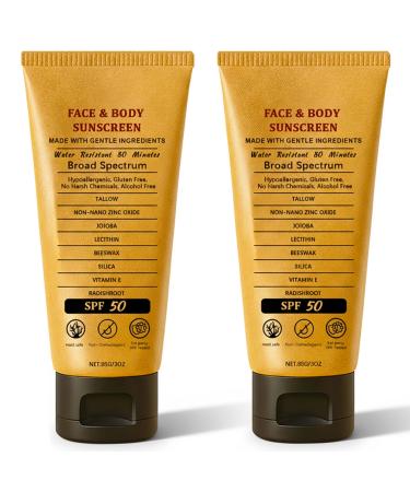 2pcs Beef Tallow Sunscreen with Zinc Oxide Reef Safe Sunscreen SPF 50 Non-Greasy Beef Tallow Sunscree Natural Organic Formula for Body Facial Women and Men(85g/count)