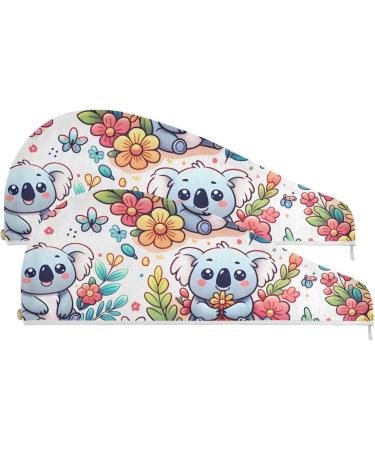 Buy Cartoon Animal Koala Flowers Hair Towel 2 Pack - Super Absorbent Quick Dry Hair Turbans for Women & Girls - International Shipping Available - Buy Online on GoSupps.com