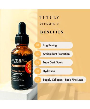 TUTULY Vitamin C Serum with Hyaluronic Acid Alpha-Arbutin Vitamin E Hydrolyzed collagen - Brighten Antioxidtant Anti-aging and Fade Dark Spots for Glowing Skin 30ml - Buy Online on GoSupps.com