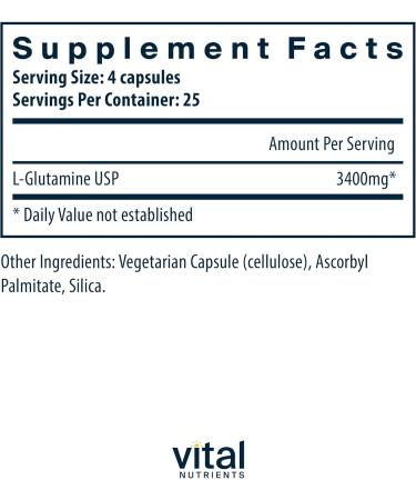 Vital Nutrients Glutamine 3400mg | Non-GMO L-Glutamine Capsules for Healthy Gut Function | Gluten Dairy Soy Free | 90 Count - Buy Online on GoSupps.com